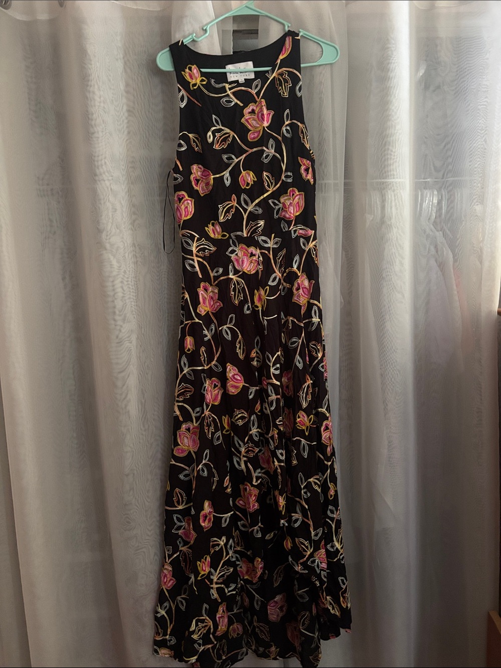 Nicole Miller Black Maxi Dress with Pink Floral Embroidery